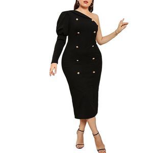 Mostnica Black & Goldtone Button Accent Lantern-Sleeve Asymmetrical Size 1XL